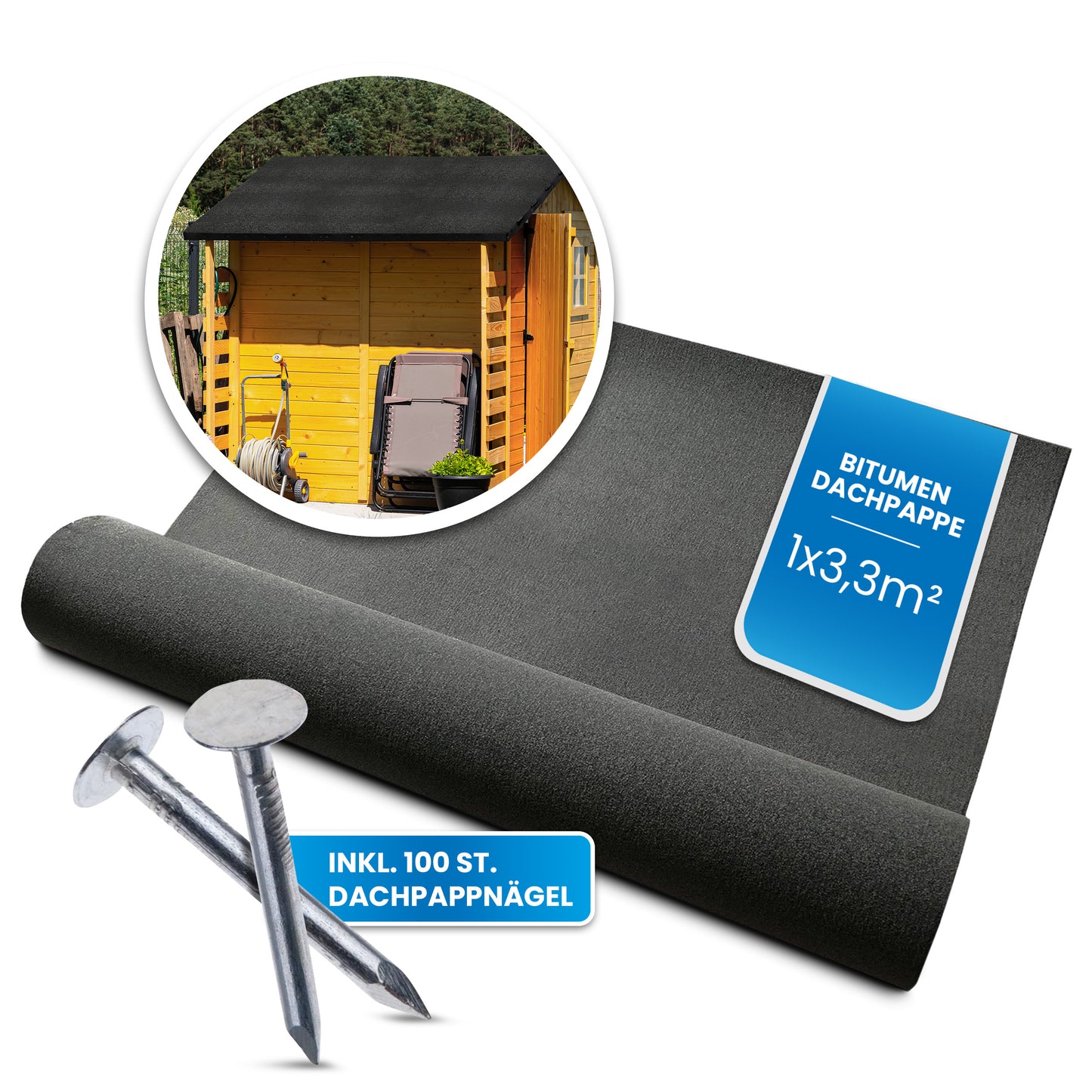 Bitumen-Dachpappe R333 mit Nägeln 3,3–10 m²