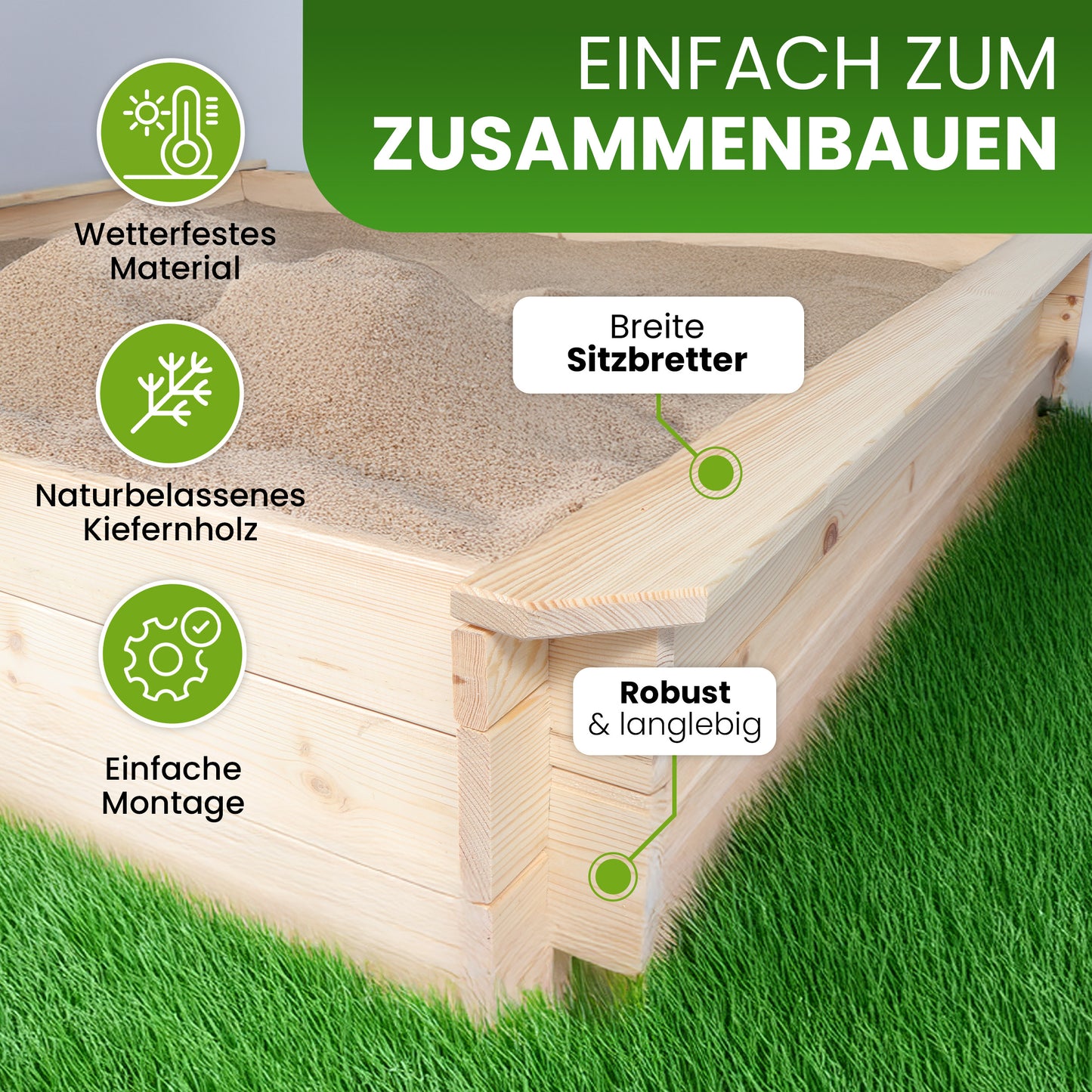 Sandkasten Nicki Kiefer natur 147 × 147 cm mit Sitzbrettern