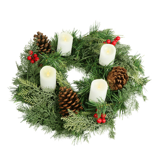 Künstlicher Adventskranz Weihnachtsdeko mit echten Zapfen und roten Beeren geschmückt