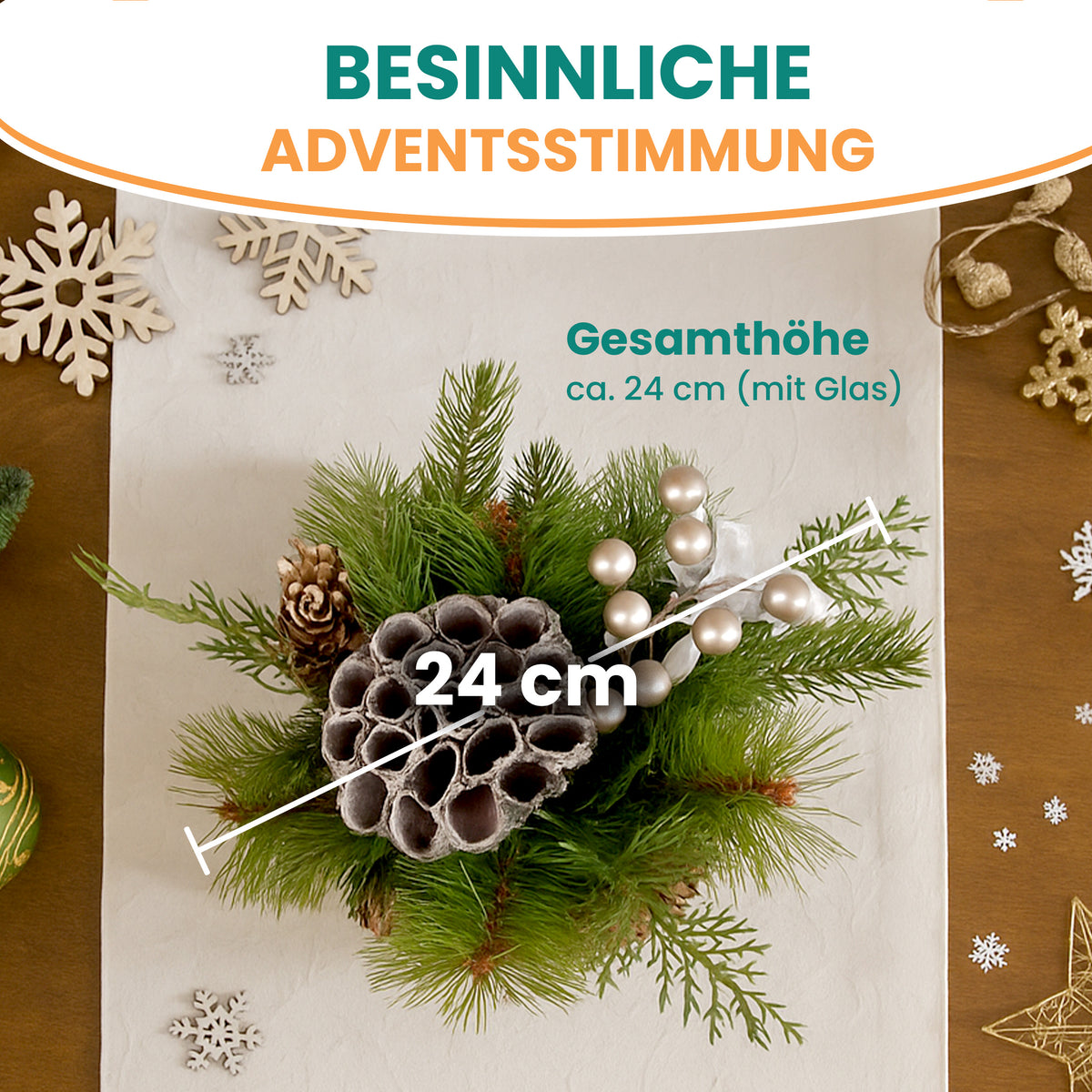 Adventsgesteck im Glas Ø 24 cm – fertig dekoriert