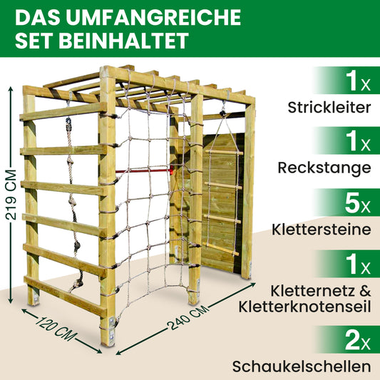 Klettergerüst Black Jack mit Kletterwand, Netz und Reck