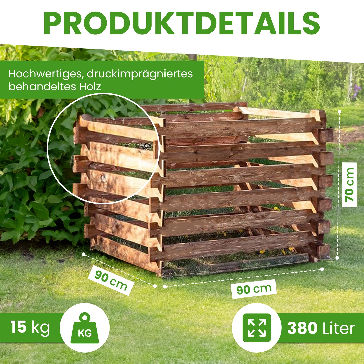 Komposter Kiefer 90 × 90 × 70 cm – 380 L Stecksystem