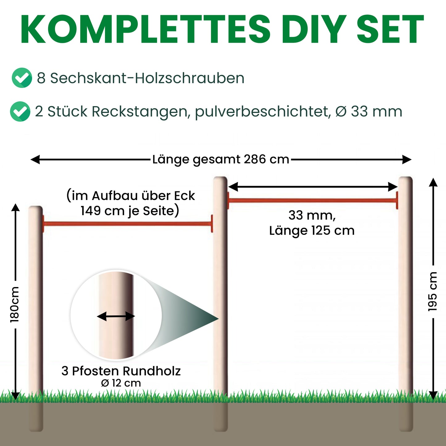 Turnreck Doppel Rundholz Kiefer mit 2 roten Stangen