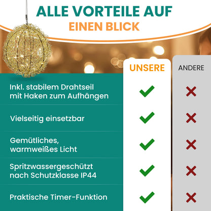 3D Drahtkugel Gold Ø 30 cm mit 80 LED warmweiß Timer-Funktion IP44