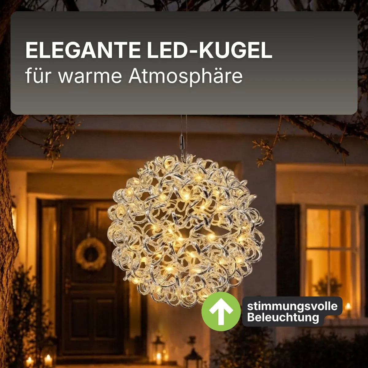 3D Drahtkugel Aluminium Ø 30 cm mit 80 LED warmweiß