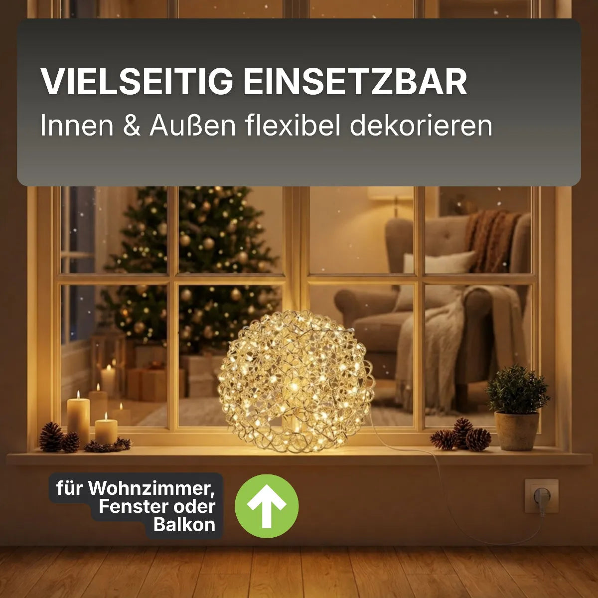 3D Drahtkugel Aluminium Ø 30 cm mit 80 LED warmweiß