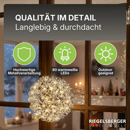 3D Drahtkugel Aluminium Ø 30 cm mit 80 LED warmweiß