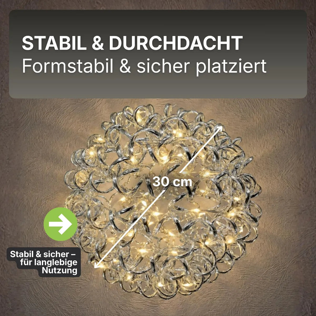 3D Drahtkugel Aluminium Ø 30 cm mit 80 LED warmweiß