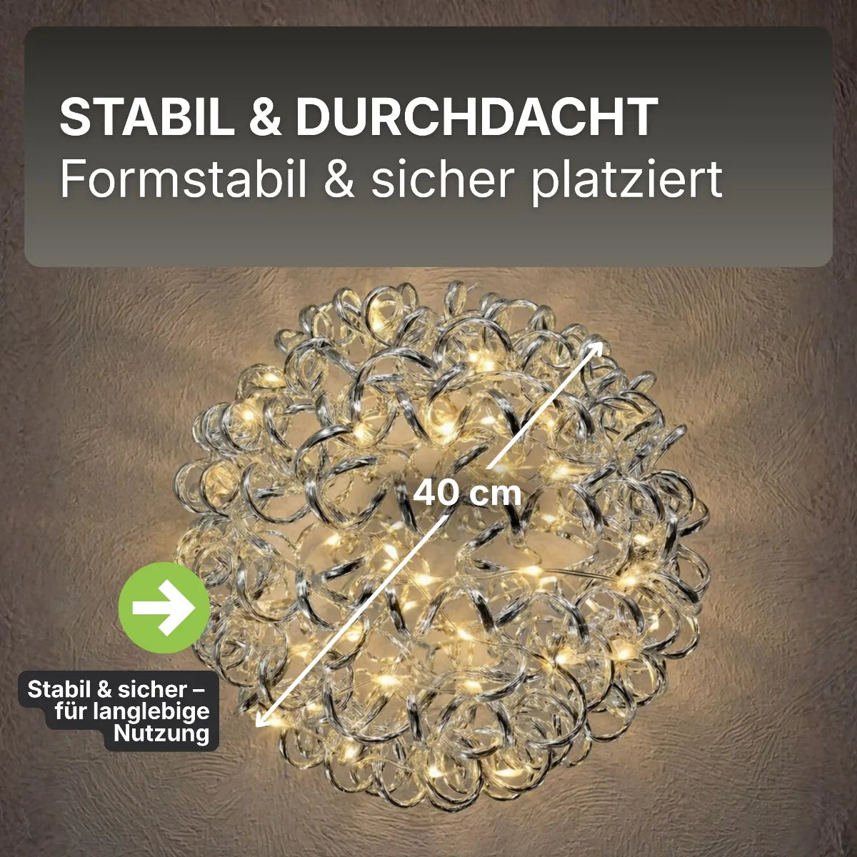 3D Drahtkugel Aluminium Ø 40 cm mit 200 LED warmweiß
